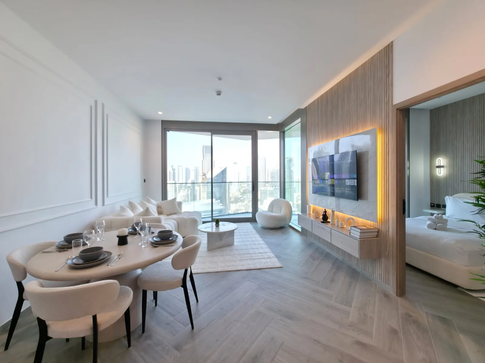 Dining area and TV wall with LED lighting