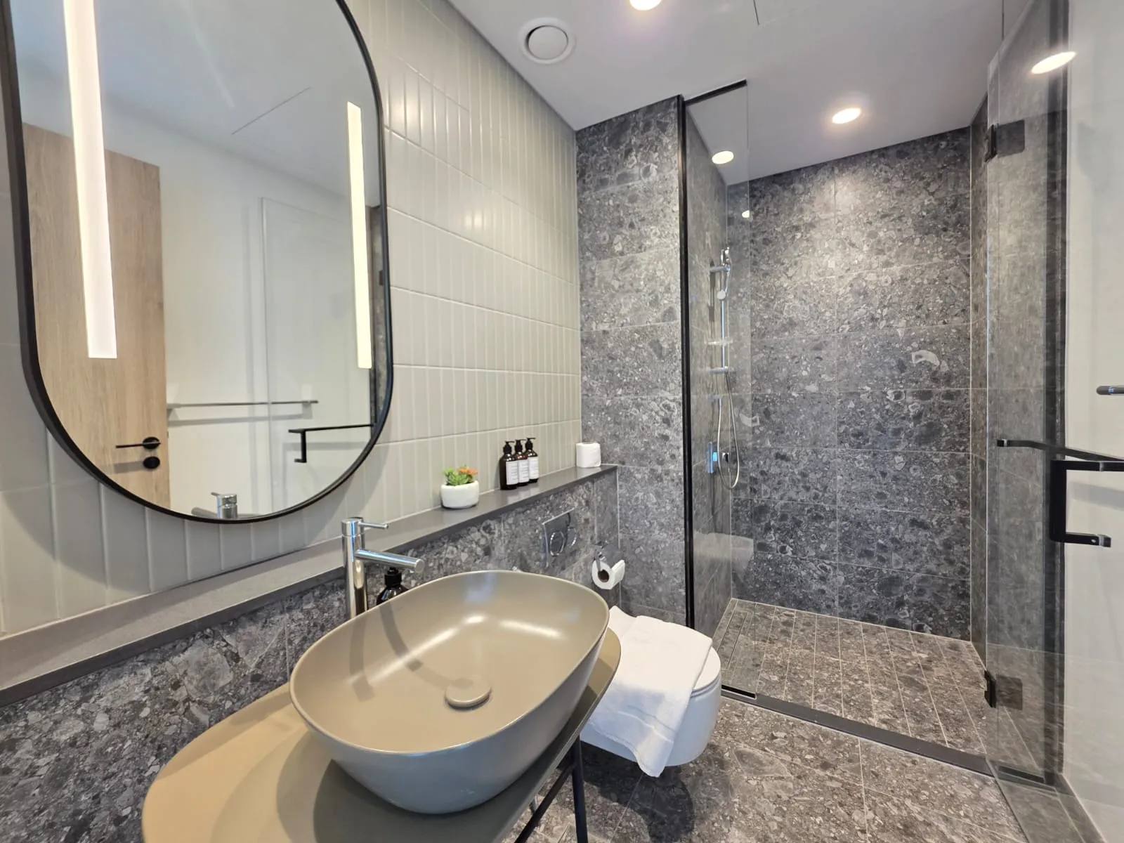 Salle de bain avec vasque et douche à l'italienne