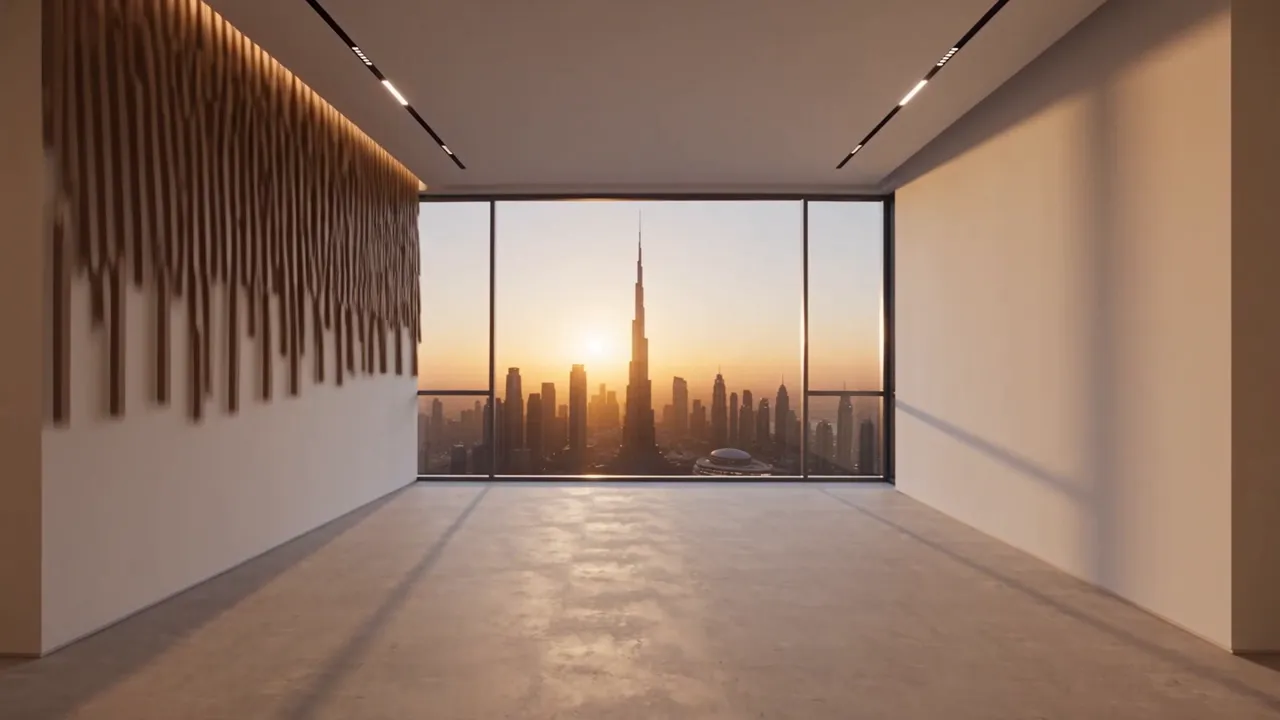 Illustration générée par IA : salon vide avec vue sur le Burj Khalifa qui se meuble étape par étape