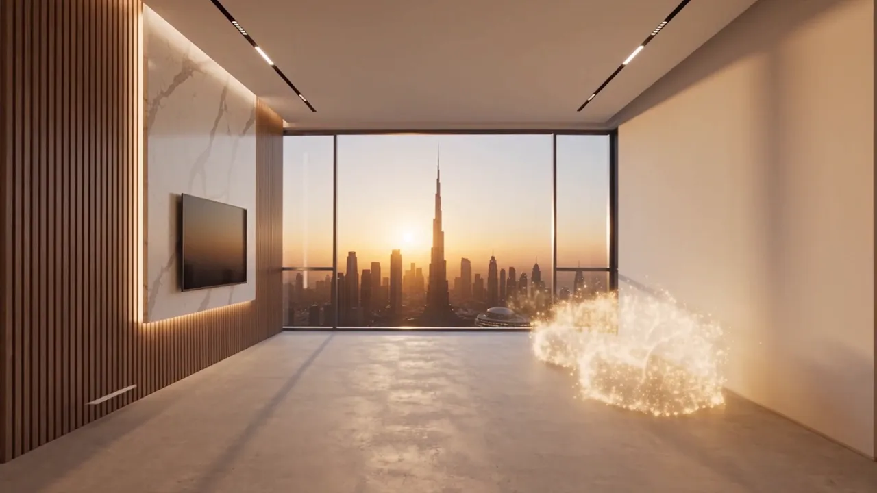 Illustration générée par IA : salon vide avec vue sur le Burj Khalifa qui se meuble étape par étape
