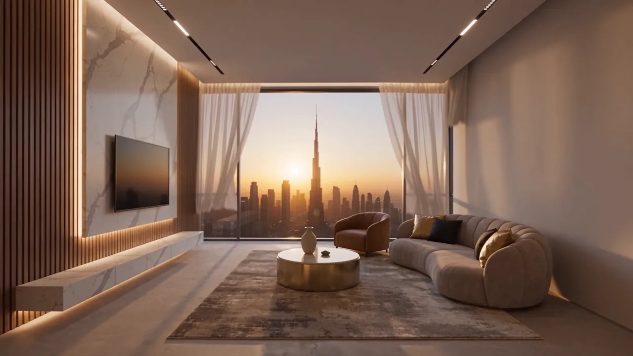 Illustration générée par IA : salon vide avec vue sur le Burj Khalifa qui se meuble étape par étape