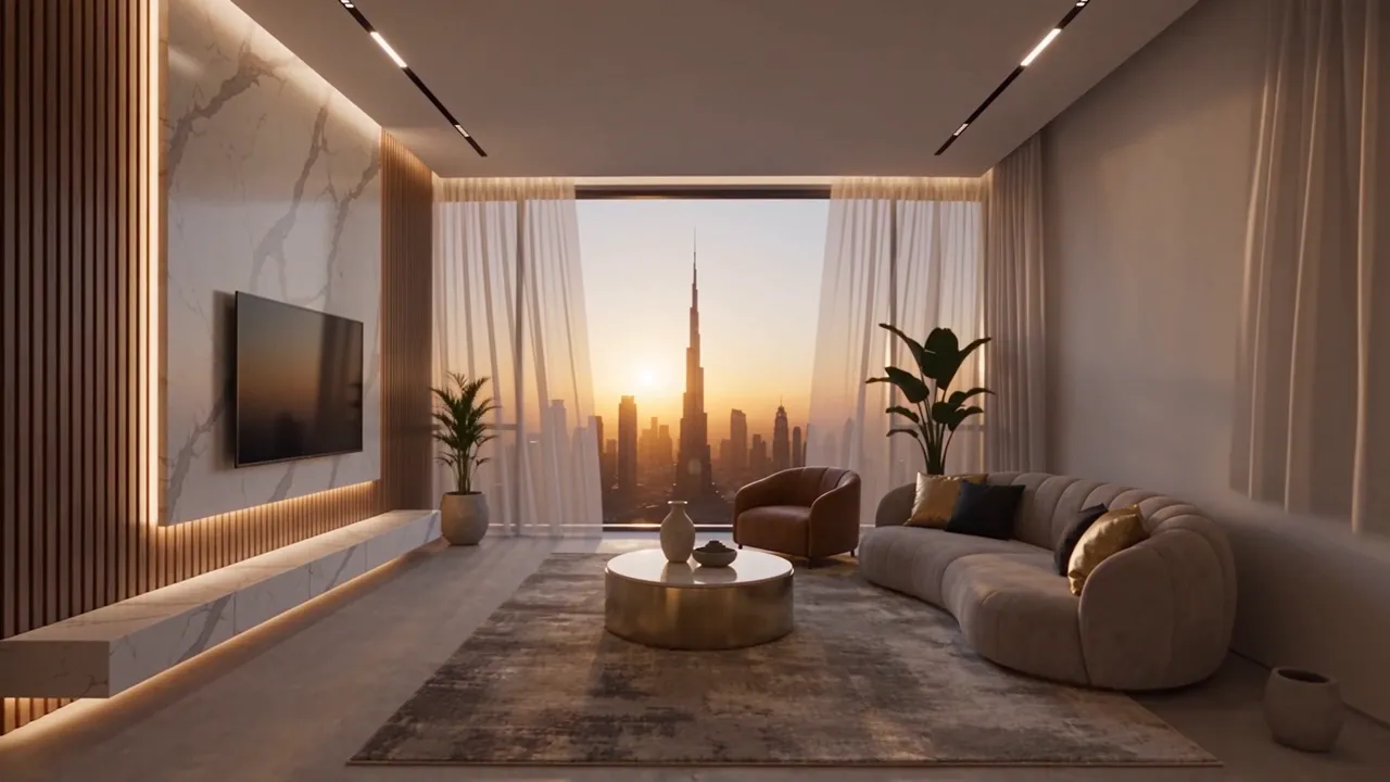 Illustration générée par IA : salon vide avec vue sur le Burj Khalifa qui se meuble étape par étape